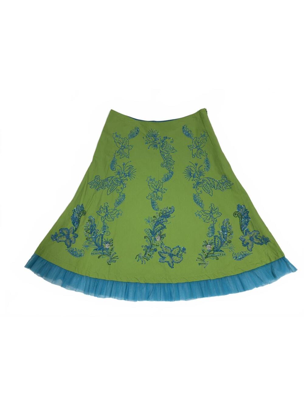 Haven Bleu Green Embroidered Skirt with Blue Tulle Hem, Size M dd9